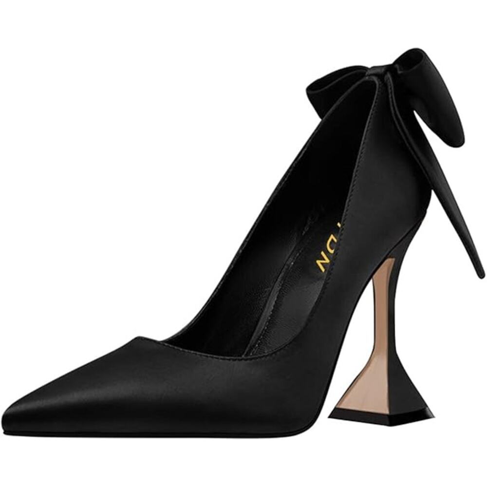 YDN Women Size 7 Black Satin Bow Pointy Toe Slip On 3.5" Heel Formal Event Shoes